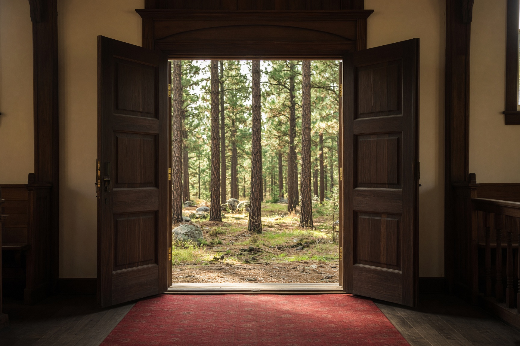 Open church doors looking out to the pines